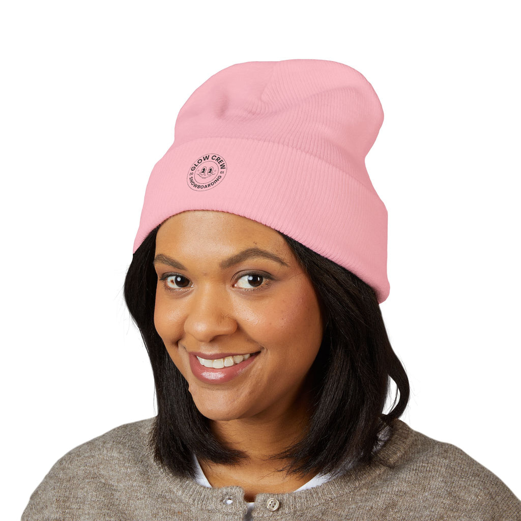 Glow Crew Embroidered Vintage Skull Cuffed Beanie — Baby Pink, White