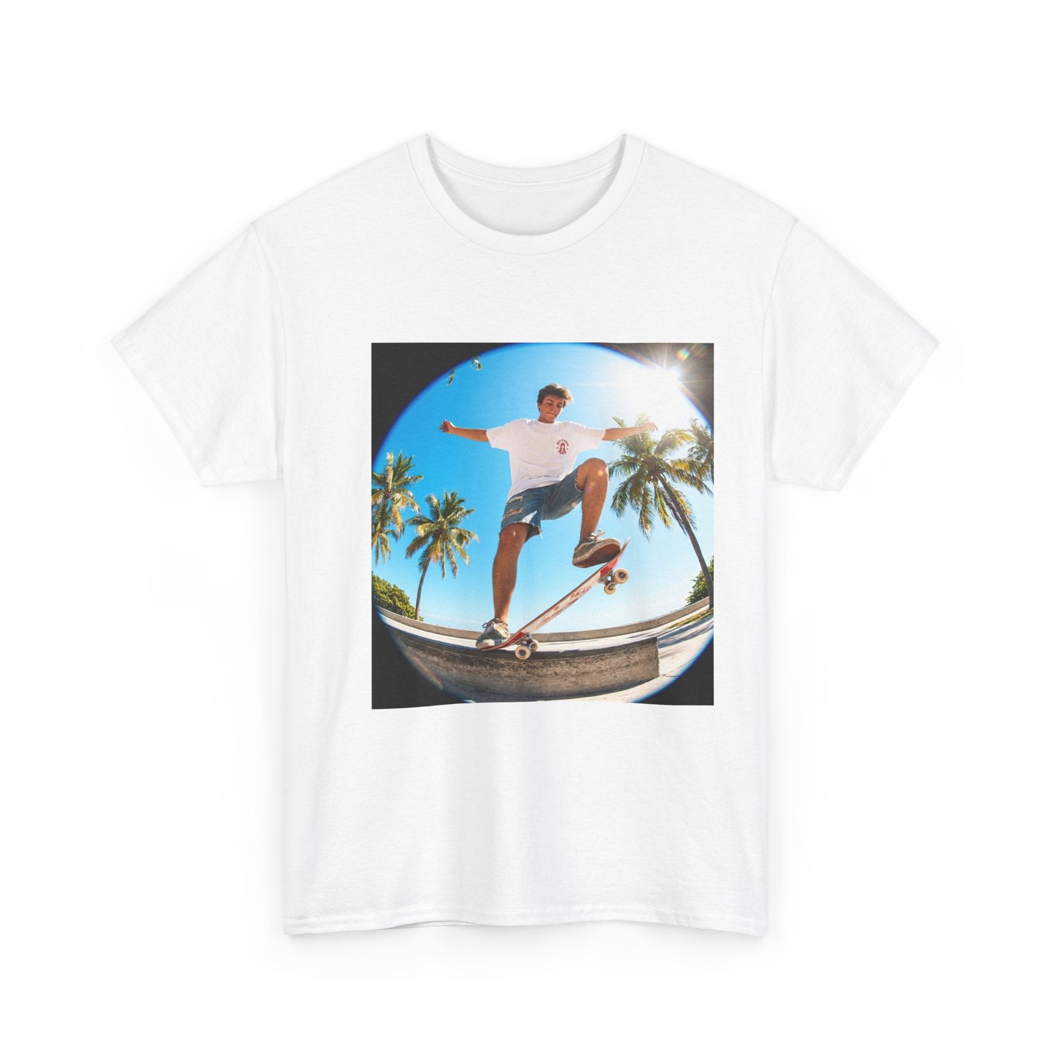 JOUJOU Skateboarder Fisheye Photo Tee — Beach Palm Skateboard Graphic T-Shirt