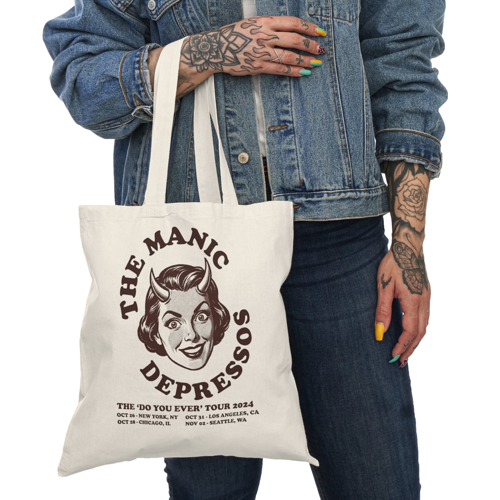 Natural Tote Bag — "The Manic Depressos" Retro Band Tour Graphic Tote