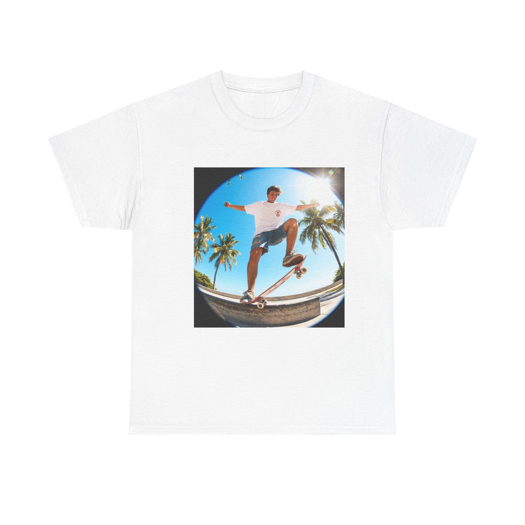 JOUJOU Skateboarder Fisheye Photo Tee — Beach Palm Skateboard Graphic T-Shirt