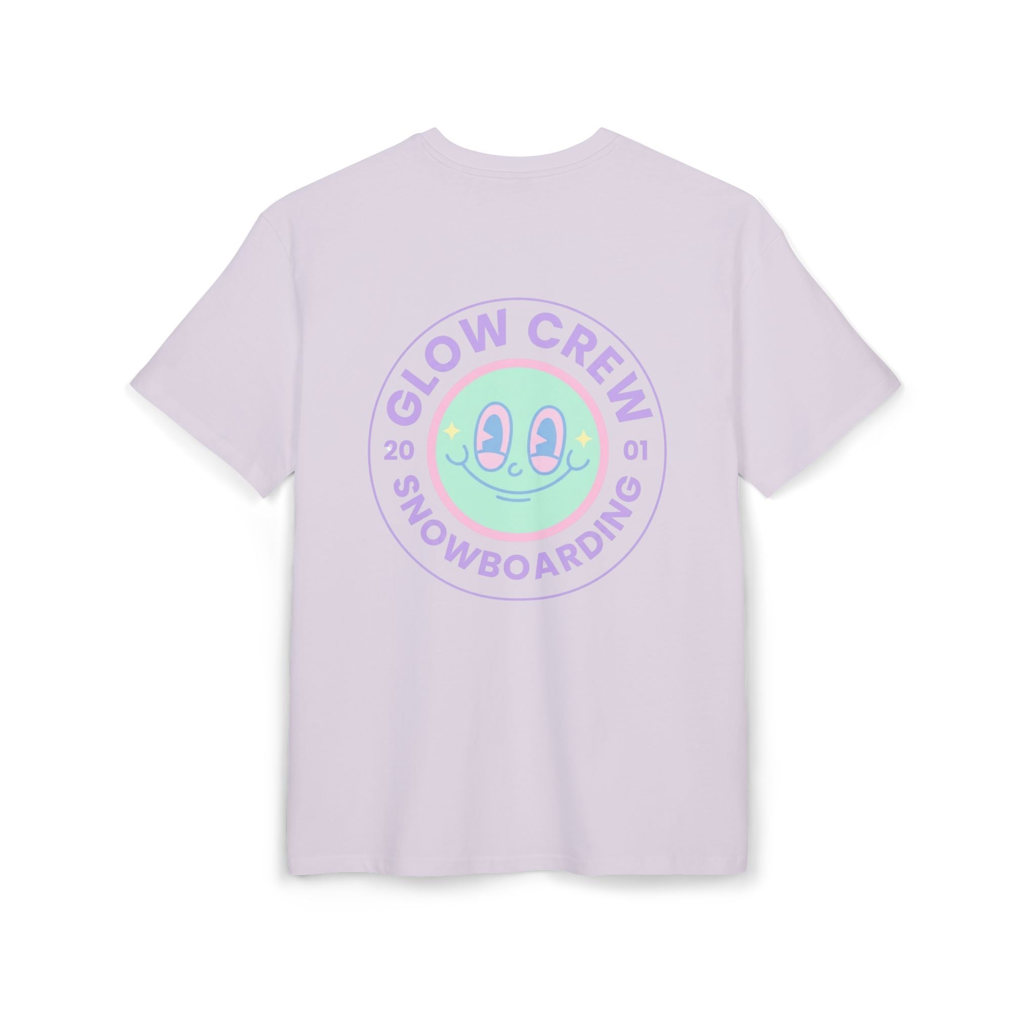 Glow Crew Snowboarding Tee — Lilac Alien Smiley Graphic Shirt