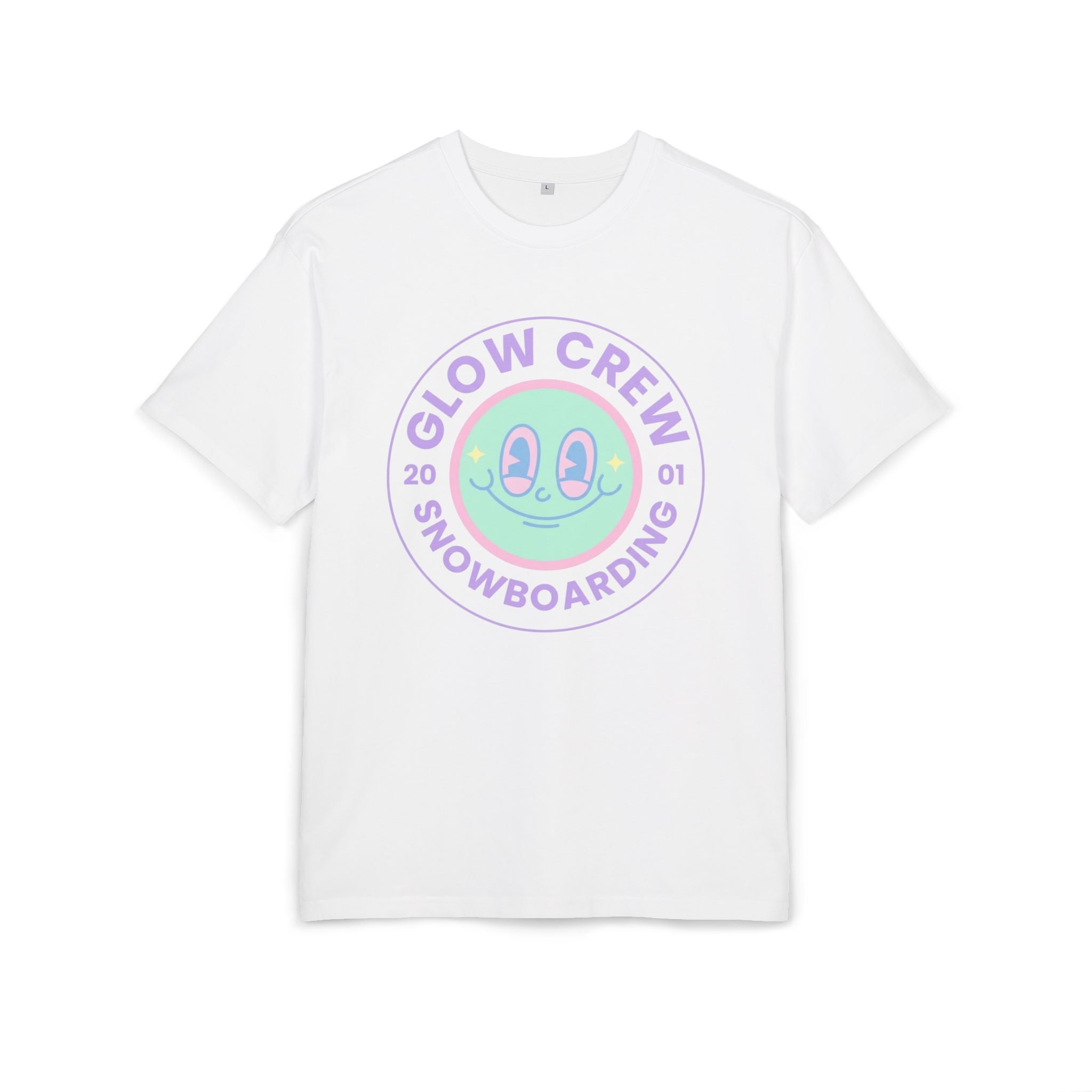Glow Crew Snowboarding Tee — White Alien Smiley Graphic Shirt