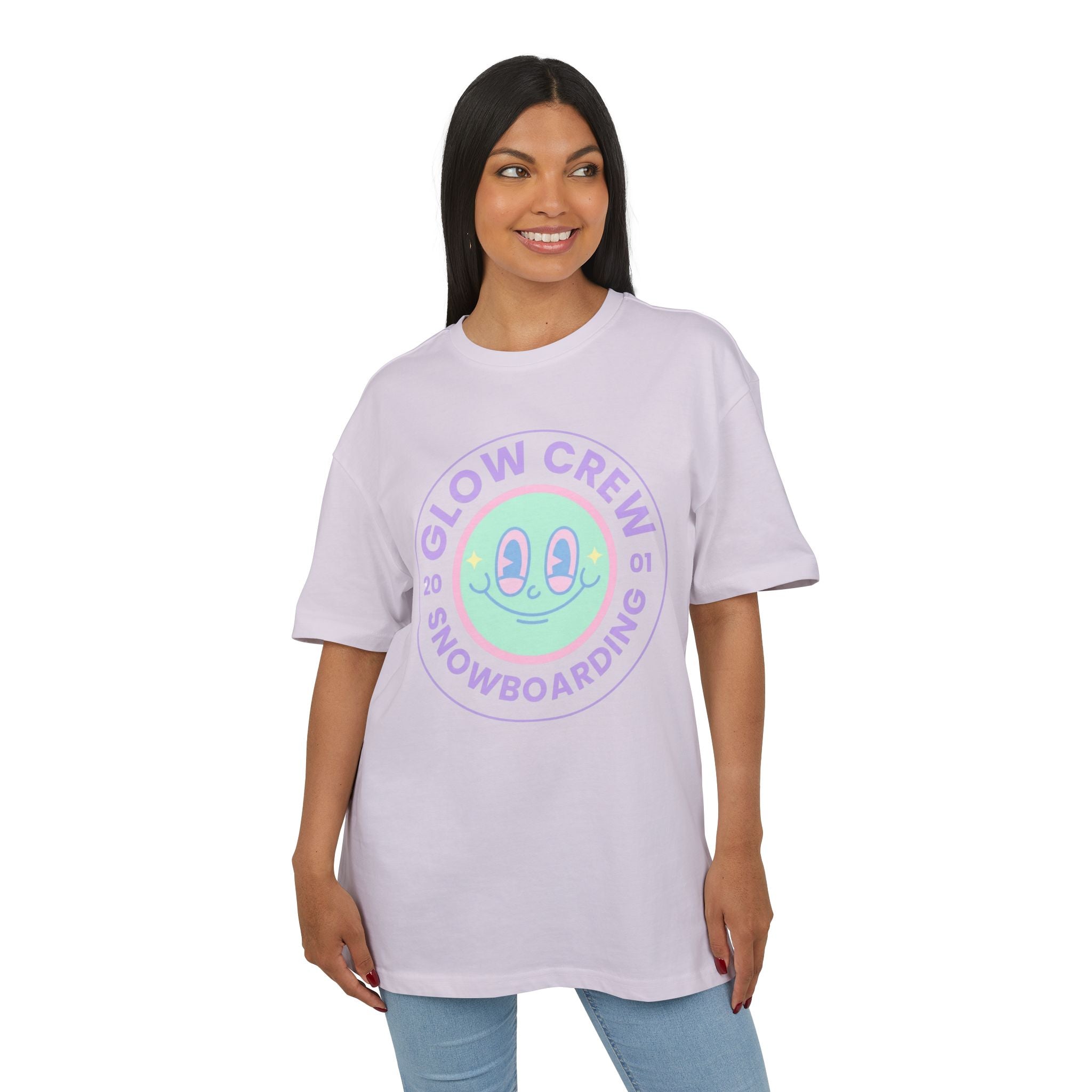 Glow Crew Snowboarding Tee — Lilac Alien Smiley Graphic Shirt