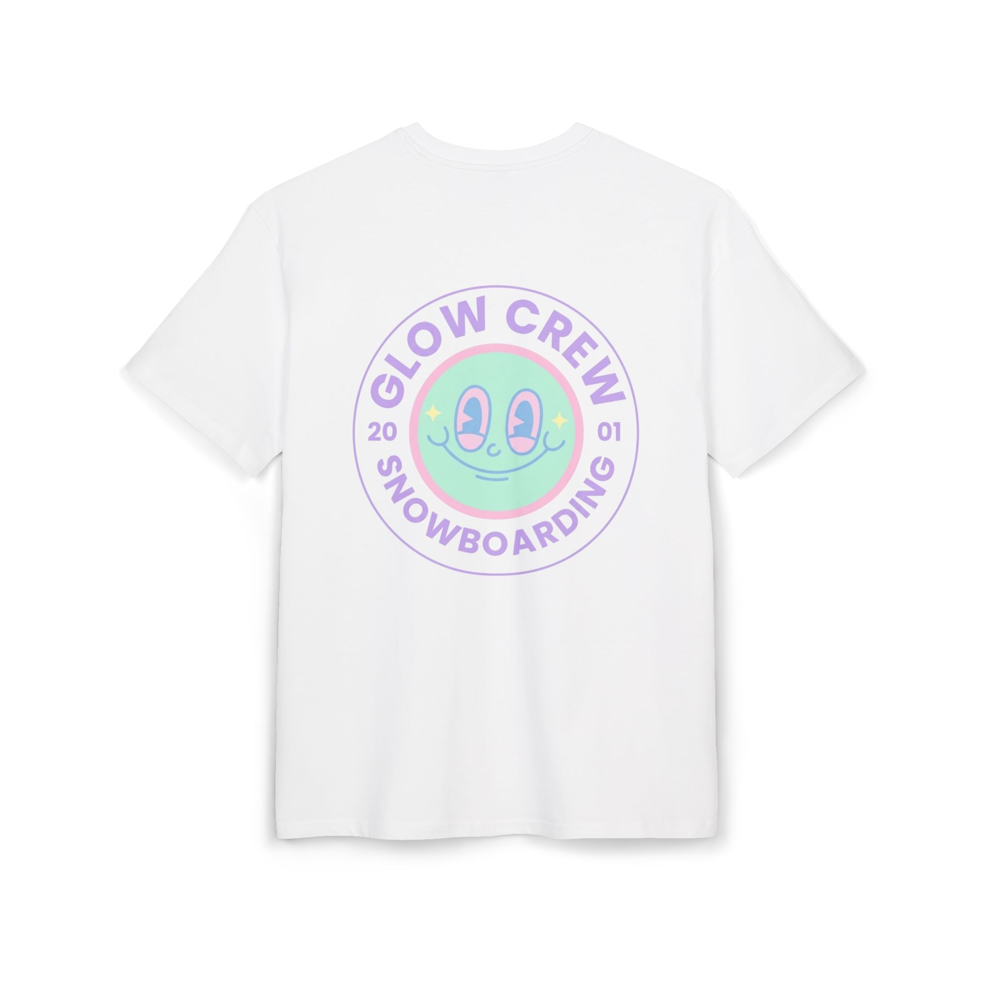 Glow Crew Snowboarding Tee — White Alien Smiley Graphic Shirt
