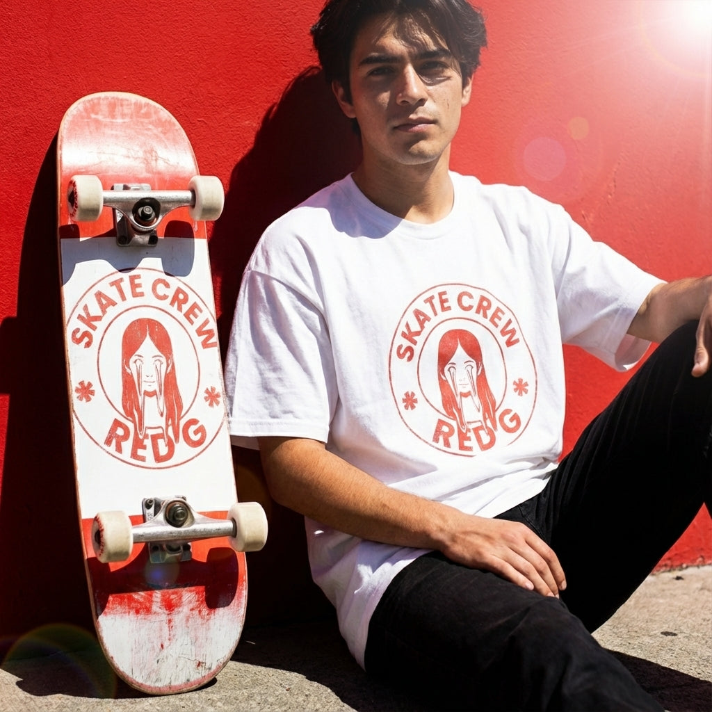 Red G Skate Crew Tee — "Red Eyes, Clean Lines" Graphic Skate Shirt