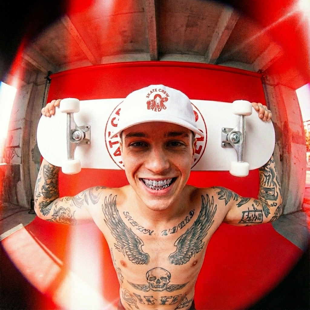 Red G Skate Crew — White Round Leather Patch Cap