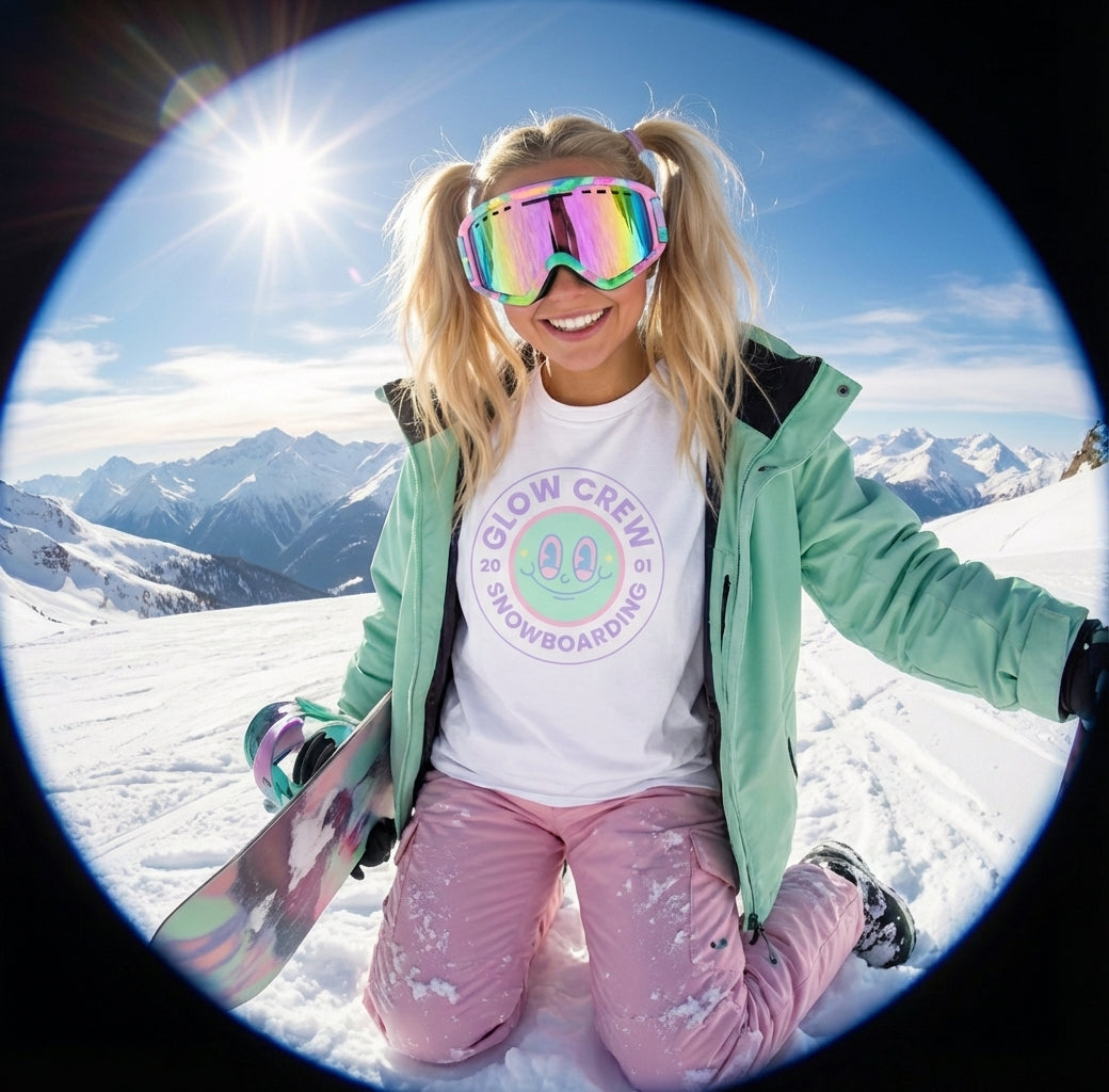 Glow Crew Snowboarding Tee — White Alien Smiley Graphic Shirt